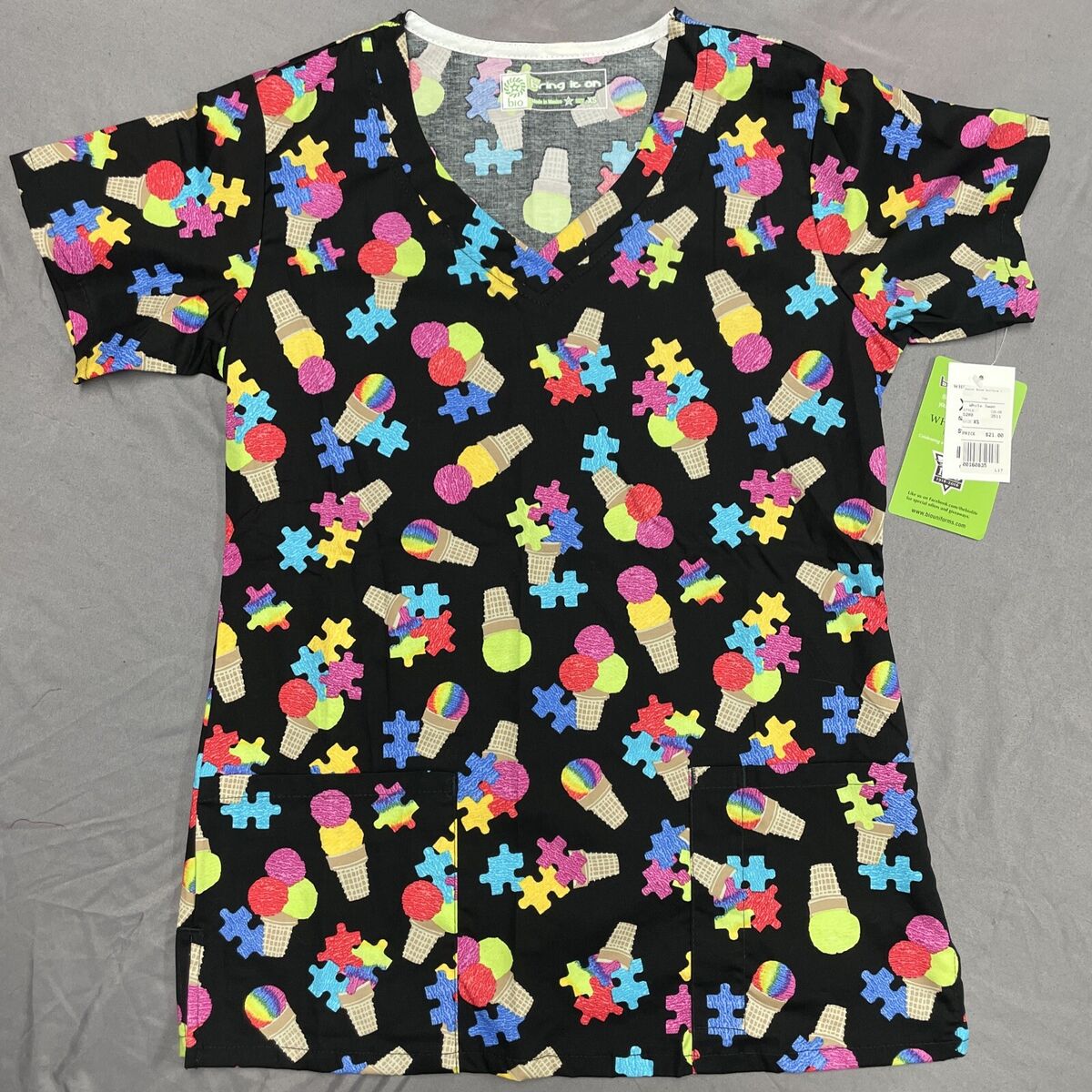 Fun Puzzle and Ice Cream Print Scrub Top