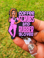 Pink Scrubs Purple Loc'd Diva "Coffee Scrubs & Rubber Gloves" ID Badge - A & K scrubs and more,LLC